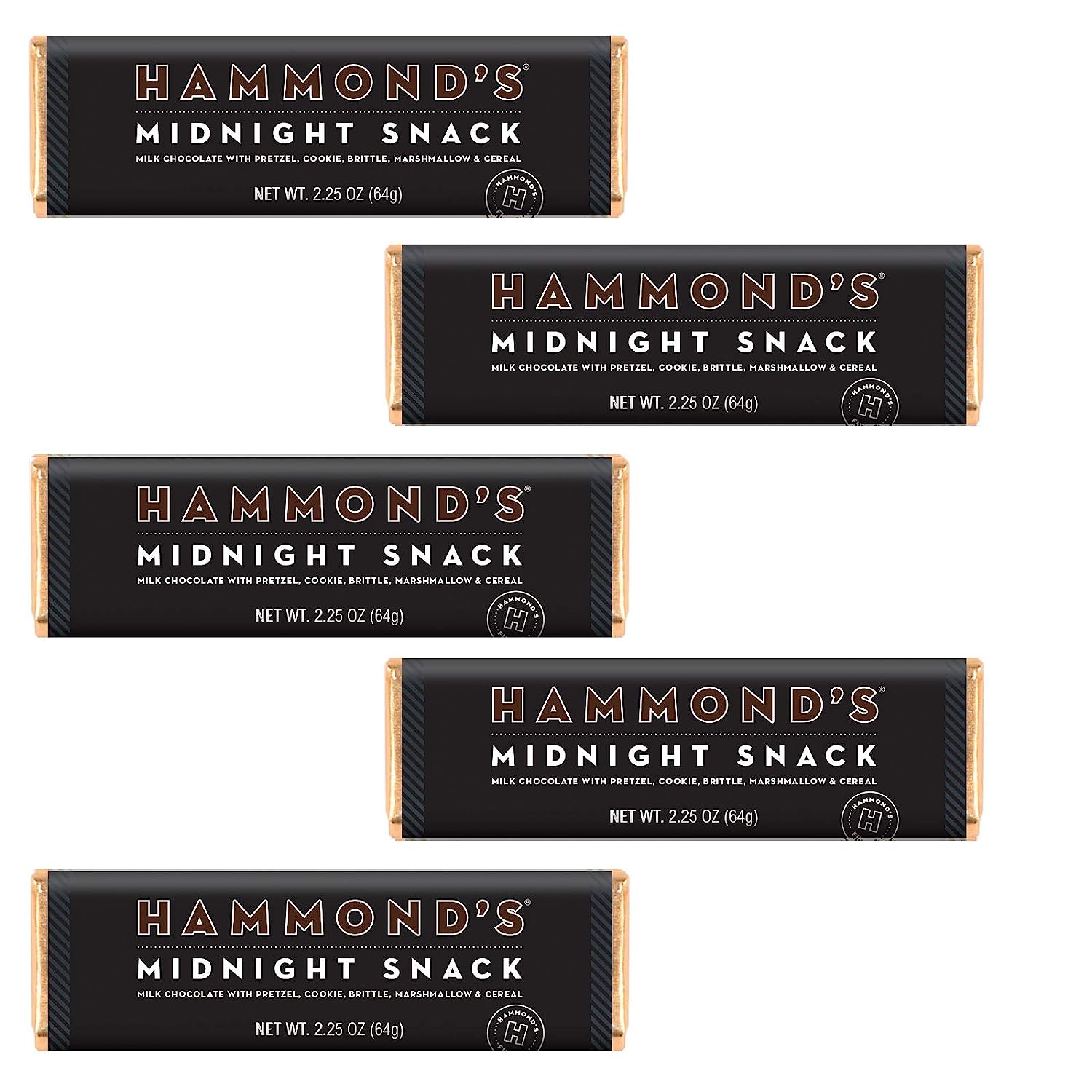 Hammond's Candies Gourmet Chocolate Candy Bars  Midnight Snack | Sweet Milk Chocolate, Pretzel, Cookie, Brittle, Marshmallow & Cereal, Certified Kosher, Handcrafted in the USA | Pack of 5